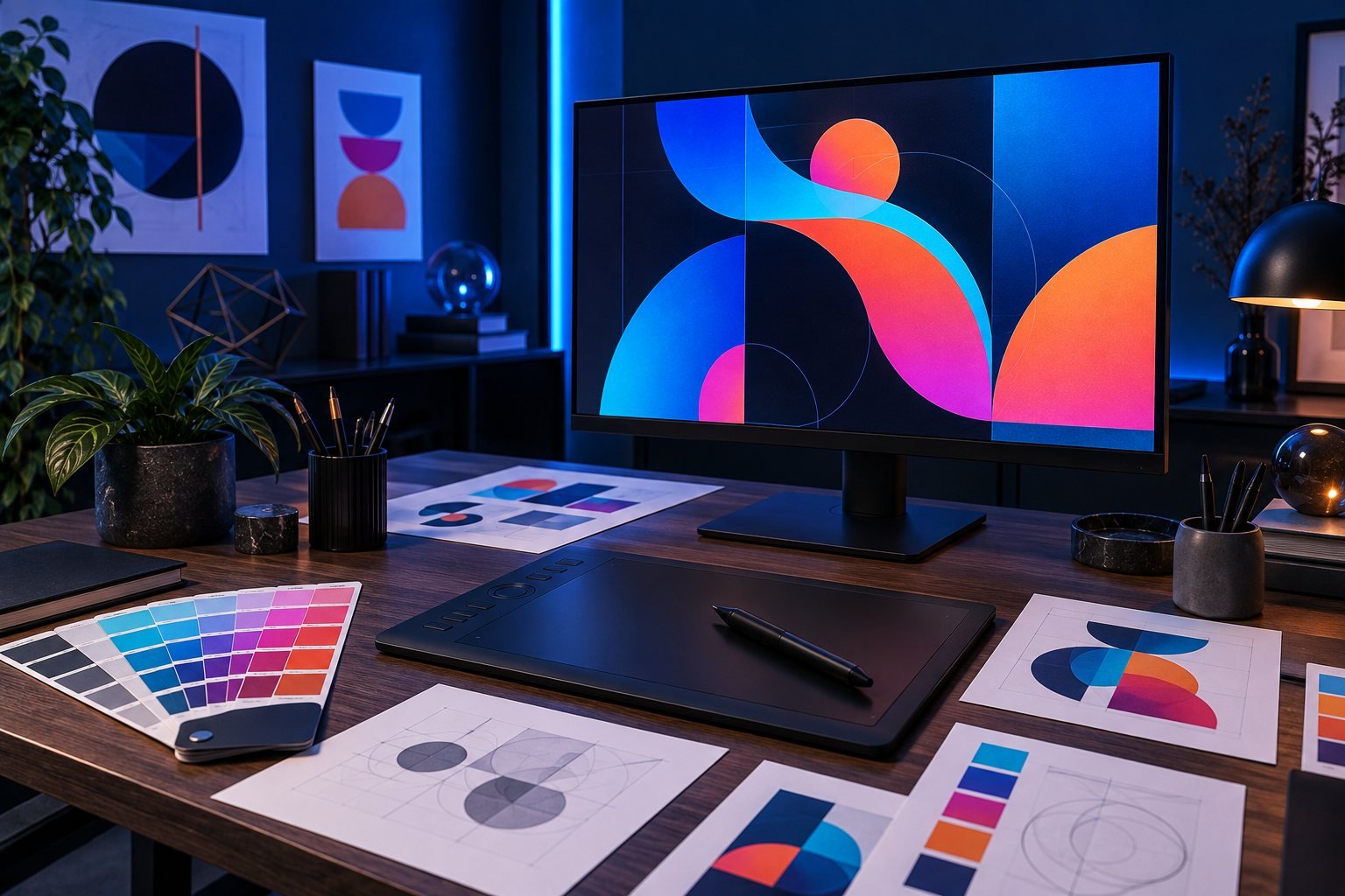 Graphic design workspace with vector artwork, colour swatches and a drawing tablet