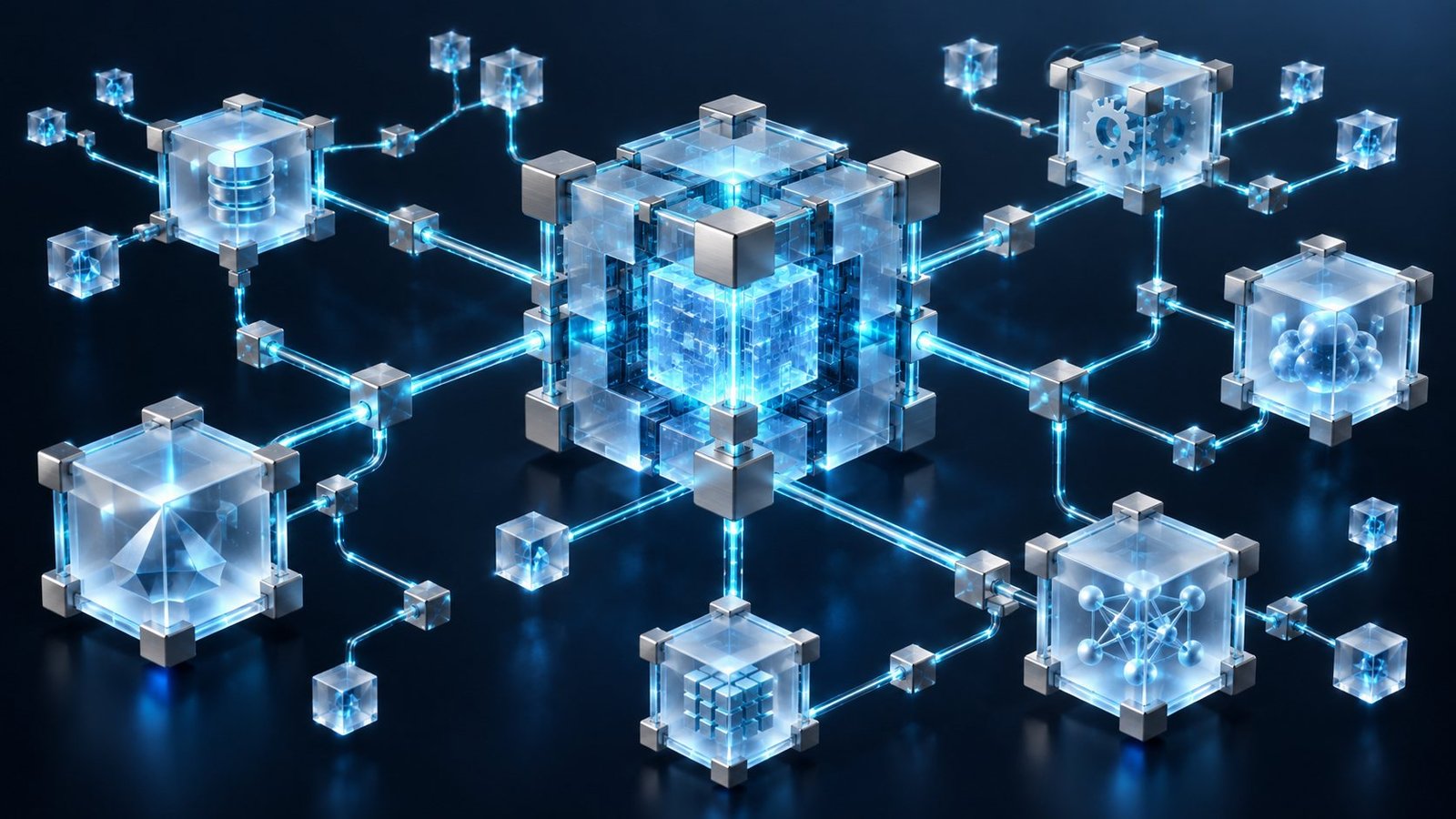 Connected glass modules representing AI agent architecture