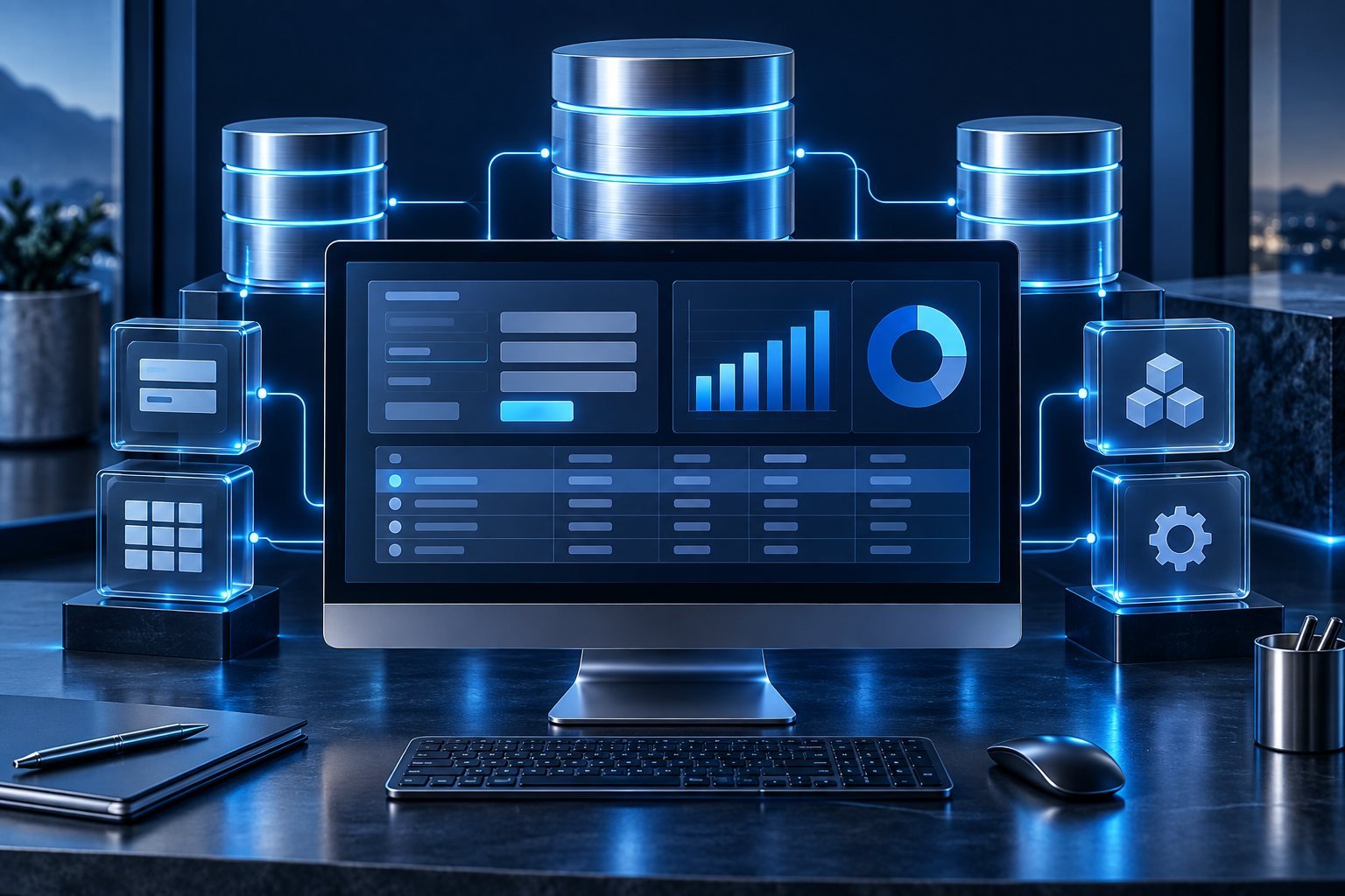 Database systems connected to an application dashboard with forms and reports