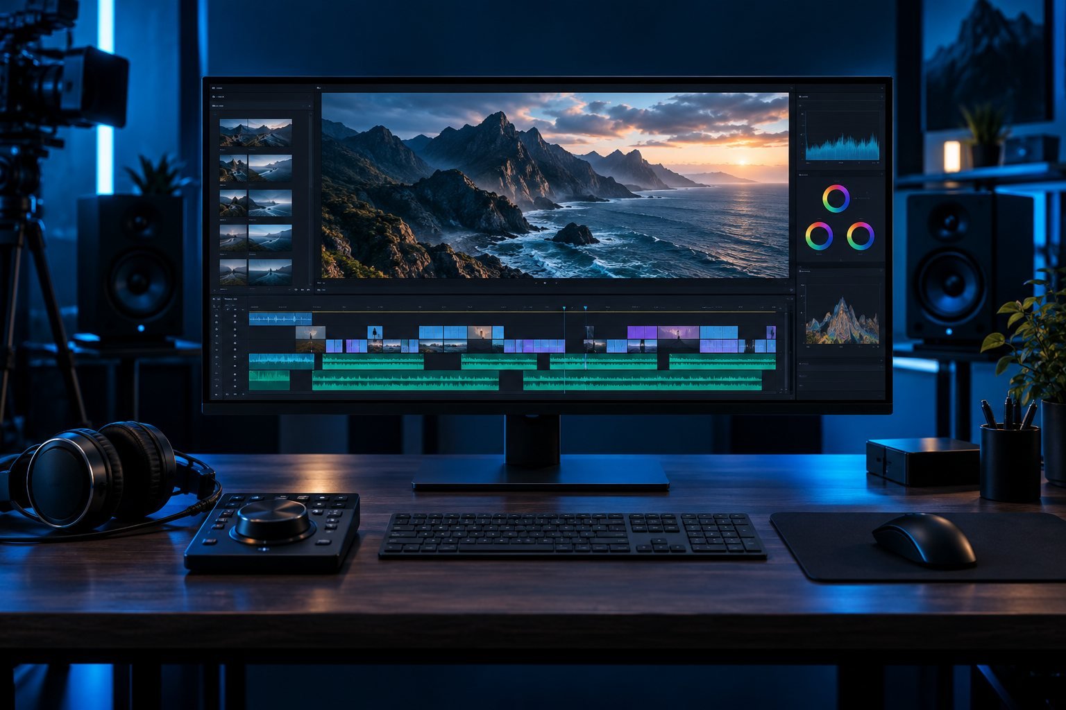 Video editing studio with timeline, preview monitor, headphones and editing controls